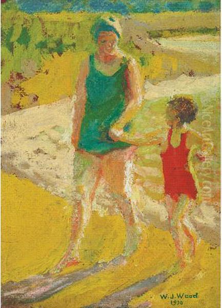 Mother And Child Bathing Oil Painting by William John Wood