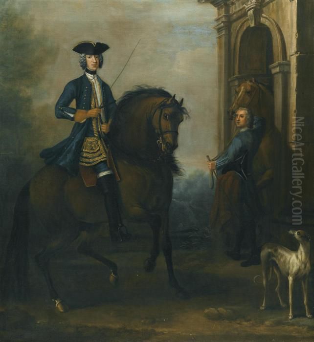 Portrait Of A Gentleman On 
Horseback, Probably James Douglas-hamilton, 5th Duke Of Hamilton And 2nd
 Duke Of Brandon (1703-1743), Mounted On A Bay Hunter, With His Groom 
Holding Another Horse By A Classical Arch, And A Greyhound Oil Painting by John Wootton