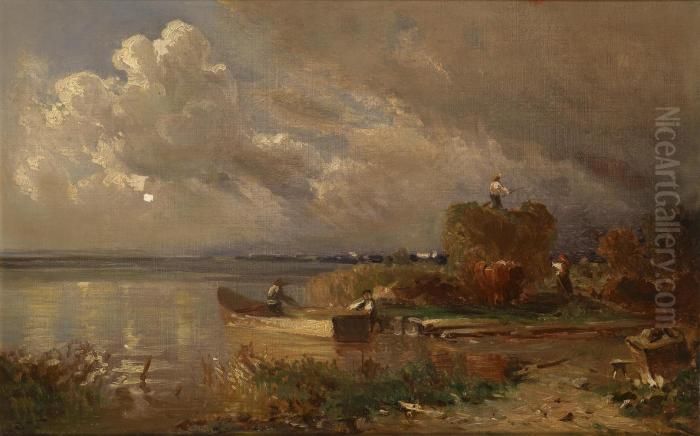 Harvest On Lake Chiemsee Oil Painting by Josef Wopfner