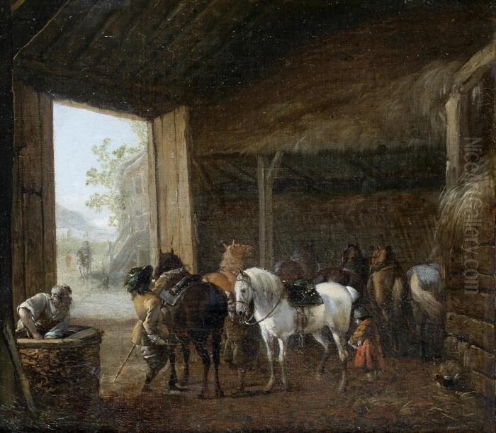 A Stable Interior With Two 
Horses Being Saddled And Other Horses Standing In Their Stalls Oil Painting by Pieter Wouwermans or Wouwerman