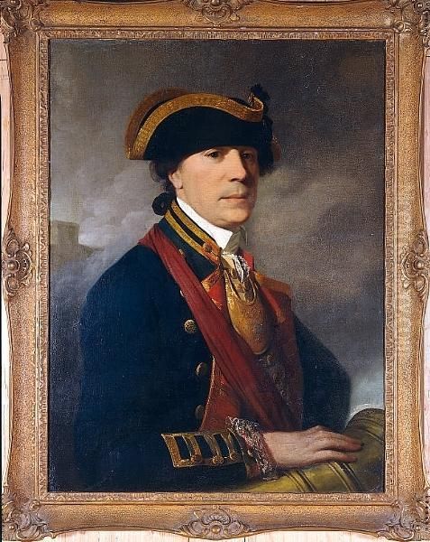 Portrait Of An Officer, 
Half-length, In The Uniform Of The Royal Artillery, His Right Hand 
Resting On A Cannon, A Battle Beyond Oil Painting by Josepf Wright Of Derby