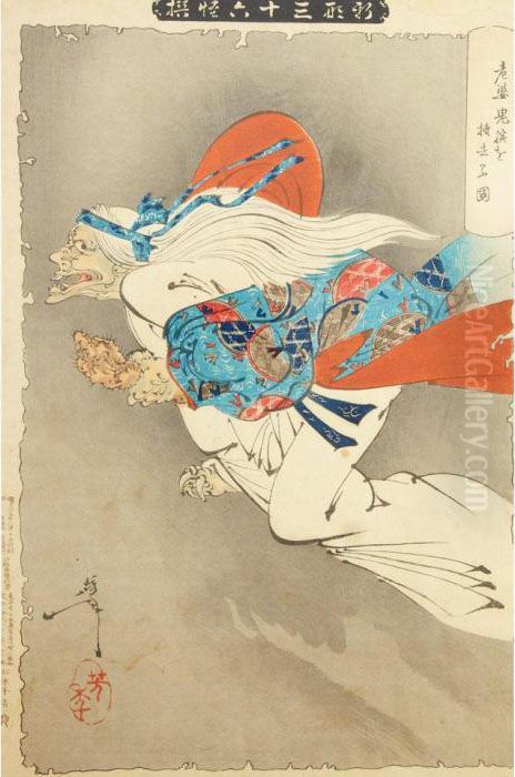 Old Woman Retrieving Her Arm Oil Painting by Tsukioka Yoshitoshi