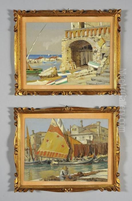 Barche Con Pescatore Oil Painting by Attilio Zanchelli