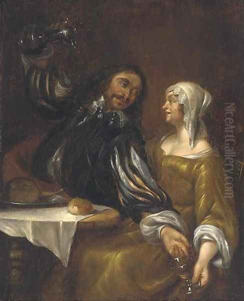A man pouring wine into a roemer held in a woman's right hand Oil Painting by Gerard Pietersz. Van Zyl