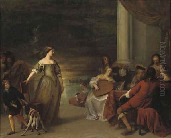 Elegant company making music on a terrace with a sunset in the distance Oil Painting by Gerard Pietersz. Van Zijl