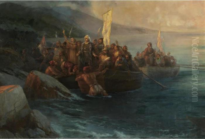 The Disembarkation Of 
Christopher Columbus, With Companions On Three Launches, On Friday 12th 
October 1492, At Sunrise, On An American Island Named San Salvador By 
Him On The Very Same Day Oil Painting by Ivan Konstantinovich Aivazovsky