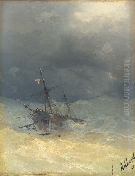A Ship In Heavy Seas Oil Painting by Ivan Konstantinovich Aivazovsky