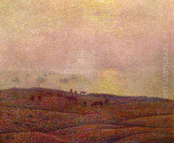 Cows in a Landscape Oil Painting by Theo van Rysselberghe