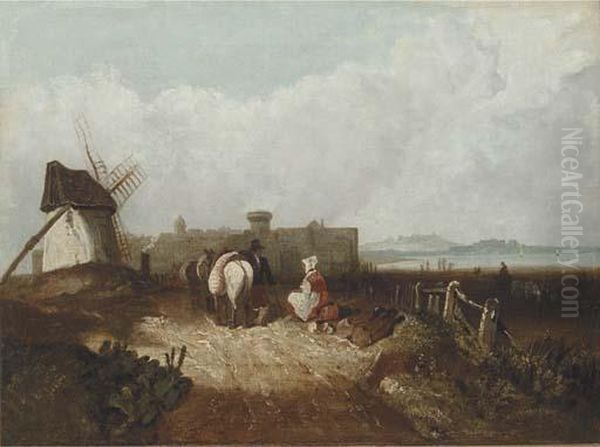 Figures Resting By A Windmill, A Fortified Town Beyond Oil Painting by Richard Parkes Bonington