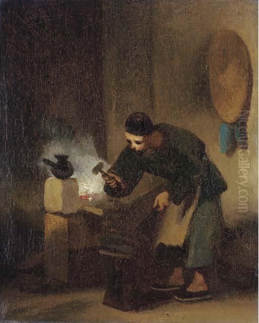 A Chinese Blacksmith Oil Painting by George Chinnery