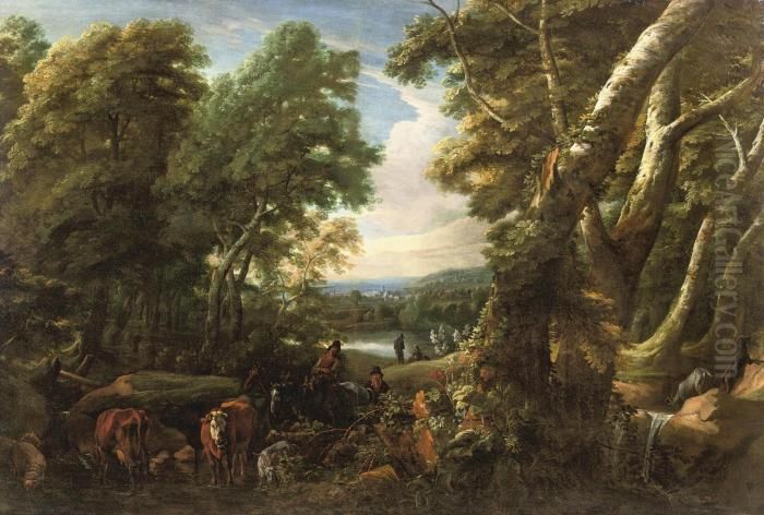 A Wooded Landscape With Shepherds And Cattle Resting Near Alake Oil Painting by Jacques D Arthois