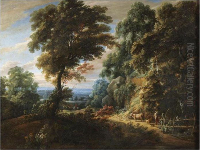 A Wooded Landscape With A 
Shepherdess Passing A Steep Bank,probably On The Edge Of The Foret De 
Soignes Oil Painting by Jacques D Arthois
