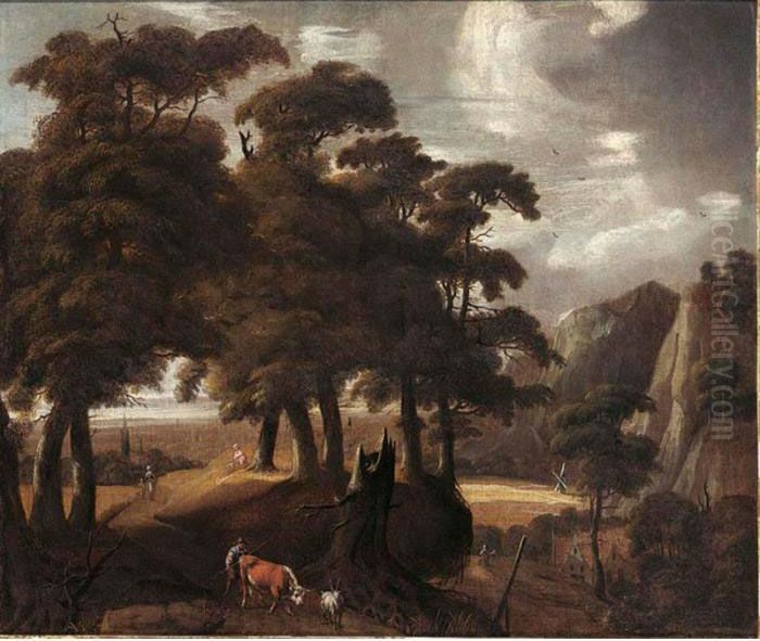 A Wooded Landscape With A 
Peasant And His Herd Together With Other Travellers On A Path, A Village
 In The Background Oil Painting by Jacques D Arthois
