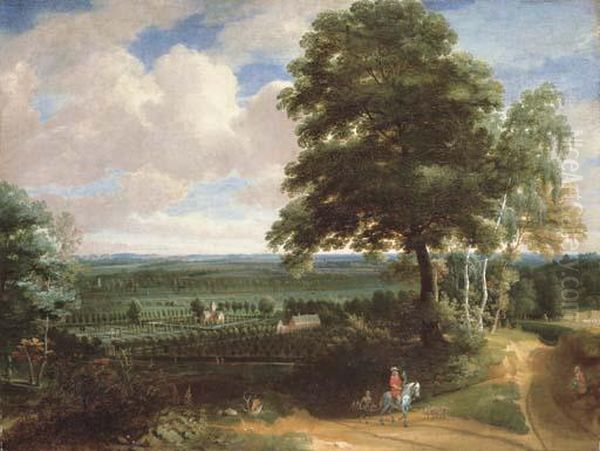A Panoramic Landscape With A 
Huntsman On A Path And A Manor House With Formal Gardens Beyond Oil Painting by Jacques D Arthois