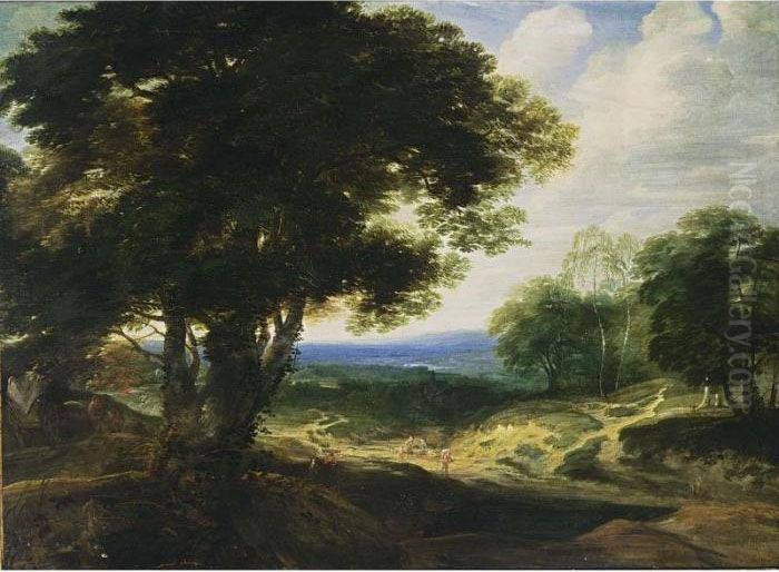 An Extensive Wooded Landscape 
With Travellers Resting On A Path And A Horse- Drawn Cart On The Left Oil Painting by Jacques D Arthois
