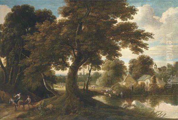 A Wooded Village Landscape With A
 Drover And His Cattle Crossing A Ford And Figures On A Track Oil Painting by Jacques D Arthois