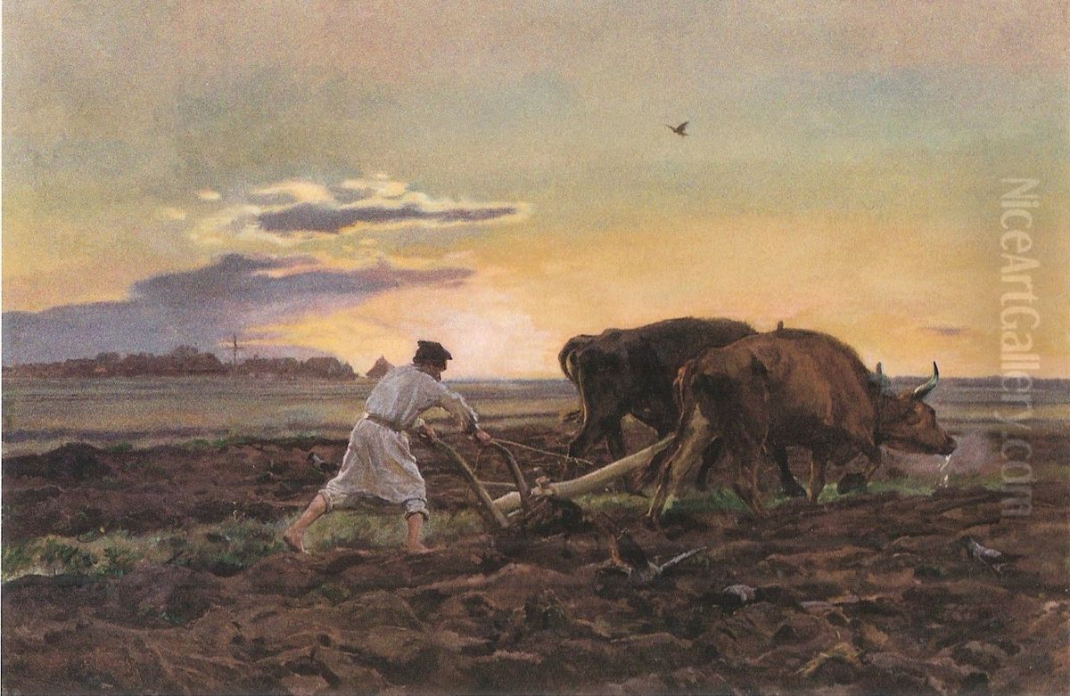 Ploughing Oil Painting by Jozef Chelmonski