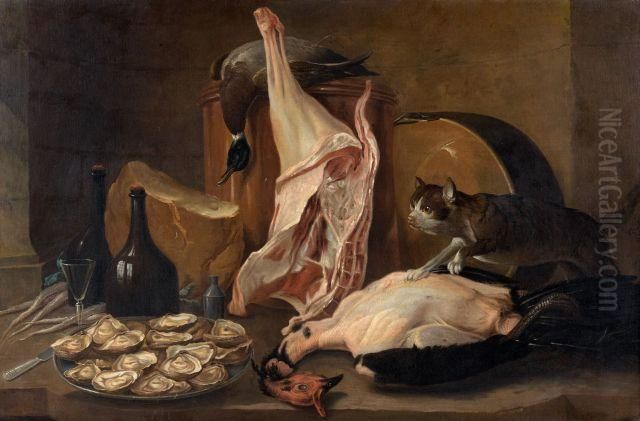 Chat Bousculant Les Apprets Du 
Dejeuner Et Nature Morte Au Lievre, Faisan, Perdreaux Et Becasse Oil Painting by Alexandre-Francois Desportes