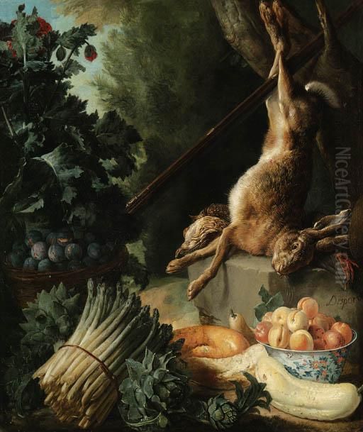 A Hunting Still Life With A Dead
 Hare And Game Birds On A Stone Plinth With Asparagus, Artichokes, A 
Cucumber And A Pear, A Basket Of Plums And Bowl Of Peaches Oil Painting by Alexandre-Francois Desportes