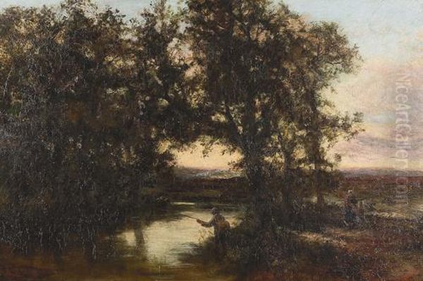 Morgenstimmung Mit Angler In Flusslandschaft. Oil Painting by Jules Dupre