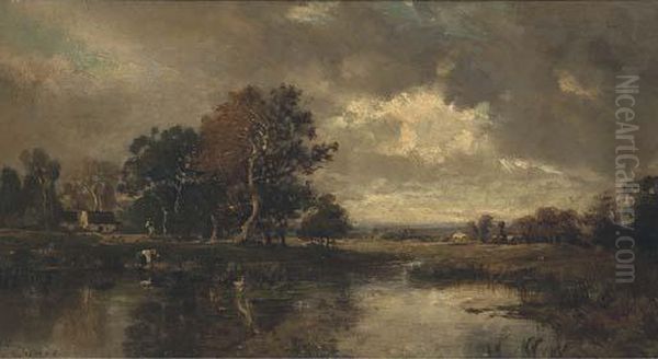 A Washerwoman Before A Riverside Cottage Oil Painting by Jules Dupre