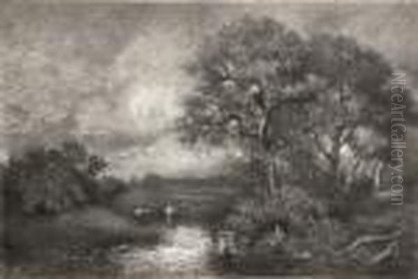 Nachtliche Baumlandschaft Mit
 See. Oil Painting by Jules Dupre