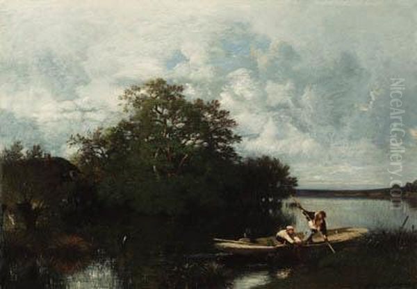 Deux Hommes Dans Un Bateau (two Men In A Boat) Oil Painting by Jules Dupre
