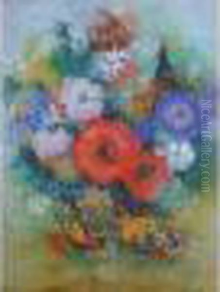  Bouquet De Fleurs Aux Oiseaux  Oil Painting by Paul-Elie Gernez