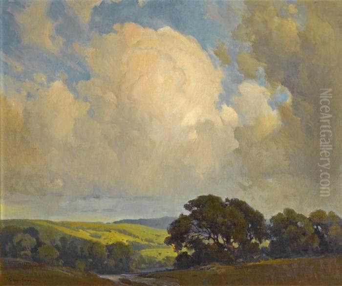 Oaks And Rolling Hills Under Billowing Clouds Oil Painting by Percy Gray