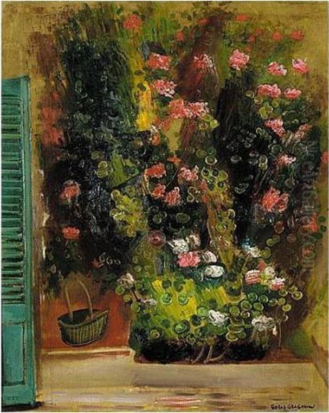 Still Life With Flowers And Green Shutters Oil Painting by Boris Dmitrievich Grigoriev