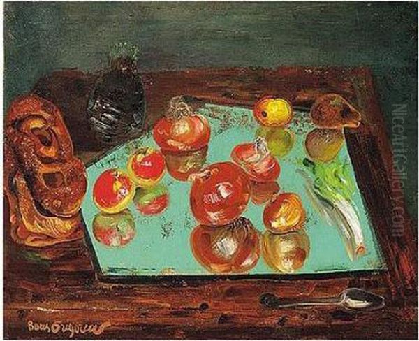 Still Life With Apples, Vegetables And Bread Oil Painting by Boris Dmitrievich Grigoriev