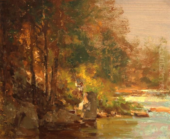 Fisherman By A Stream Oil Painting by Thomas Hill