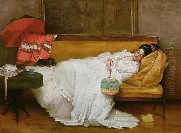 Girl in a white dress resting on a sofa Oil Painting by Alfred Stevens