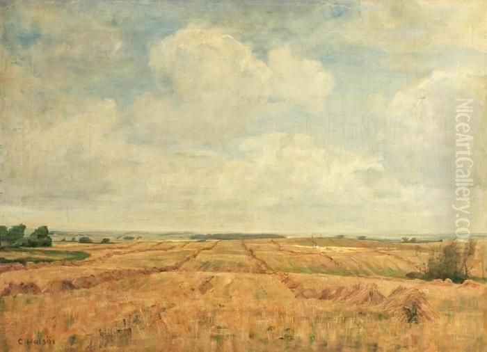 Harvest Landscape. Signed C. Holsoe Oil Painting by Carl Vilhelm Holsoe