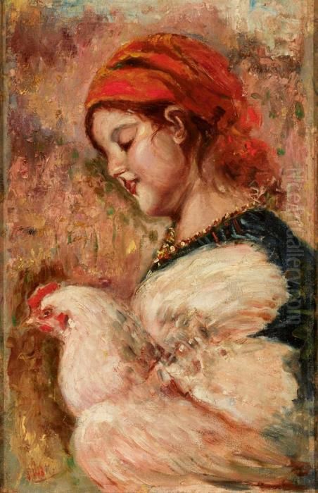 Portrait Eines Jungen Madchens Mit Henne Oil Painting by Irolli Vincenzo