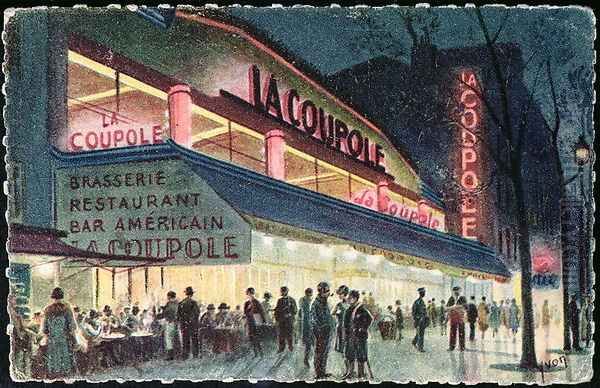 Postcard depicting La Coupole, Montparnasse, Paris, c.1925 Oil Painting by Yvon Adolphe