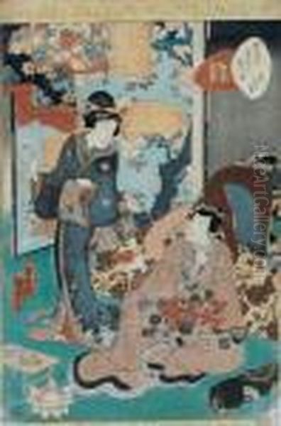 Samurai Und Geisha Vor Stellschirm Oil Painting by Gototei Kunisada