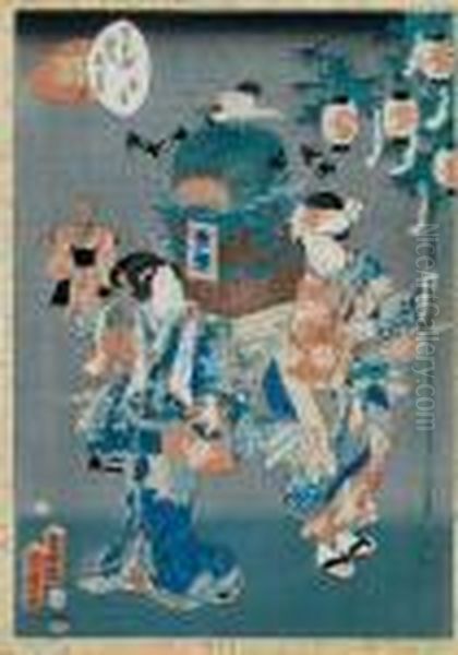 Zwei Vornehme Damen Beim Lampionfest Oil Painting by Gototei Kunisada