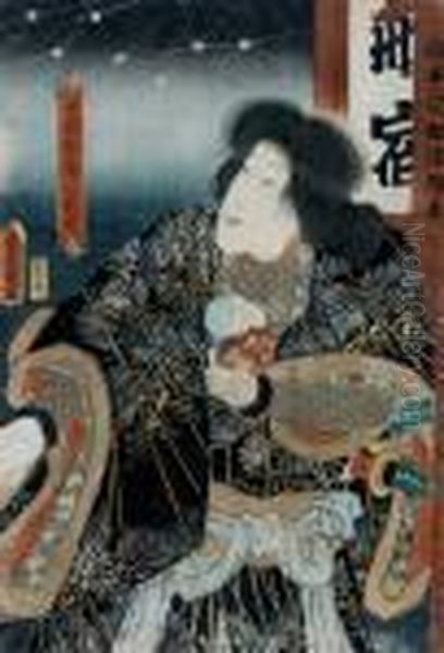 Samurai Mit Saugling Im Arm Betrachtet Die Sterne Oil Painting by Gototei Kunisada