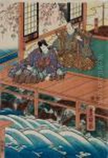 Shogun Und Samurai Am Wasserfall Unter Sakura-bluten Oil Painting by Gototei Kunisada