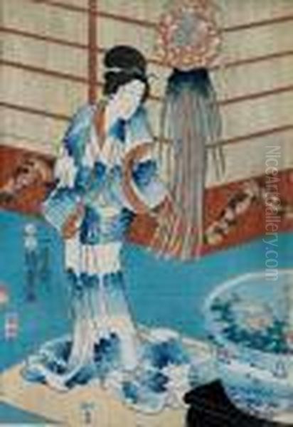 Geisha Auf Veranda Betrachtet Goldfische In Bemaltem Becken Oil Painting by Gototei Kunisada