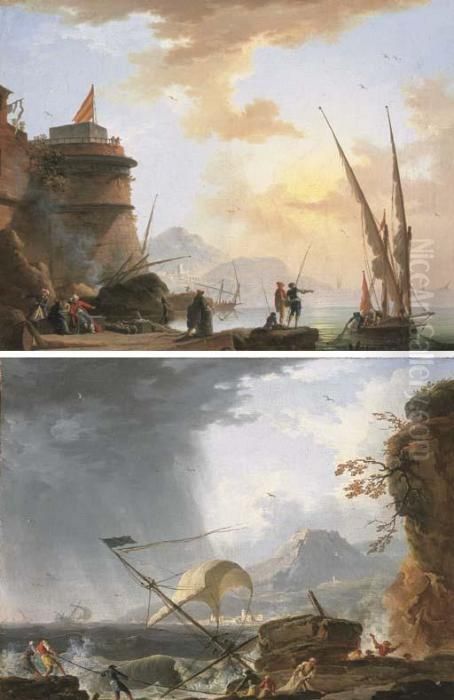 Le Temps Calme: Des Marchands 
Turcs Et Des Pecheurs Relevant Leurs Filets A La Sortie D'un Port; Et La
 Tempete : Des Hommes Au Secours D'un Navire Echoue Sur Des Rochers Oil Painting by Charles Francois Lacroix de Marseille