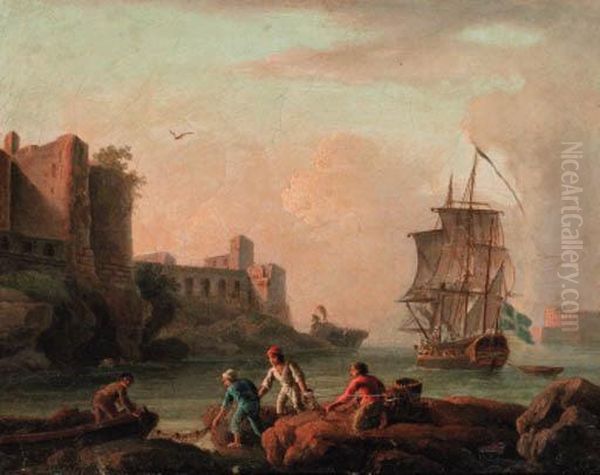 A Swedish Man-o'war Running Into
 A Mediterranean Port; And Abeached Xebec In A Fortified Port Oil Painting by Charles Francois Lacroix de Marseille