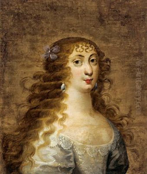 Ritratto Di Una Signora Dai 
Lunghi Capelli Ondulati Con Un Vestito Di Seta Bianca Con Merlettatura Oil Painting by Sir Peter Lely