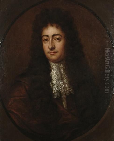 Portrait Of A Gentleman, Bust 
Length Wearing A Russet Coat And A Lace Jabot; Portrait Of A Lady, Bust 
Length Wearing A Blue And White Dress. Oil Painting by Sir Peter Lely