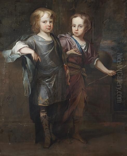 A Double Portrait Of Two Boys, 
Standing Full-lengths, In Classical Costume, One Holding A Bow, The 
Other An Arrow, A View To A Park Landscape Beyond Oil Painting by Sir Peter Lely
