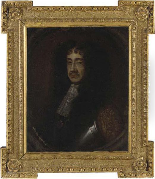 Portrait Of King Charles Ii 
(1630-1685), Quarter-length, In Armourand A Jabot, In A Sculpted 
Cartouche Oil Painting by Sir Peter Lely