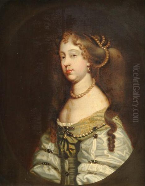 Portraitof A Lady Wearing A 
String Of Pearls Around Her Neck, And Pearls Inher Hair And Dress, Bust 
Length Oil Painting by Sir Peter Lely