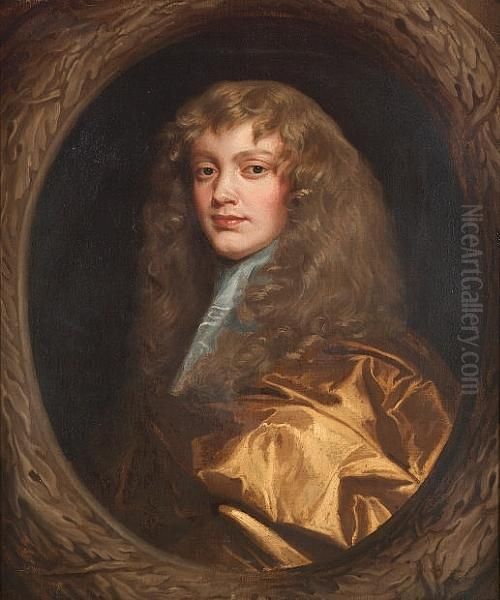 Portrait Of A Gentleman, 
Bust-length, In A Gold Robe With A White Jabot, In A Painted Cartouche Oil Painting by Sir Peter Lely