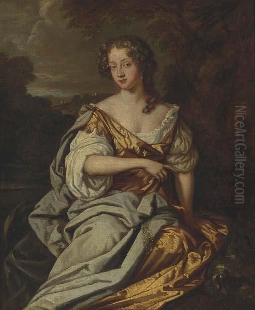 Portrait Of A Lady, Full Length,
 In A Golden Dress And Blue Silkshawl, Seated In A Landscape Oil Painting by Sir Peter Lely